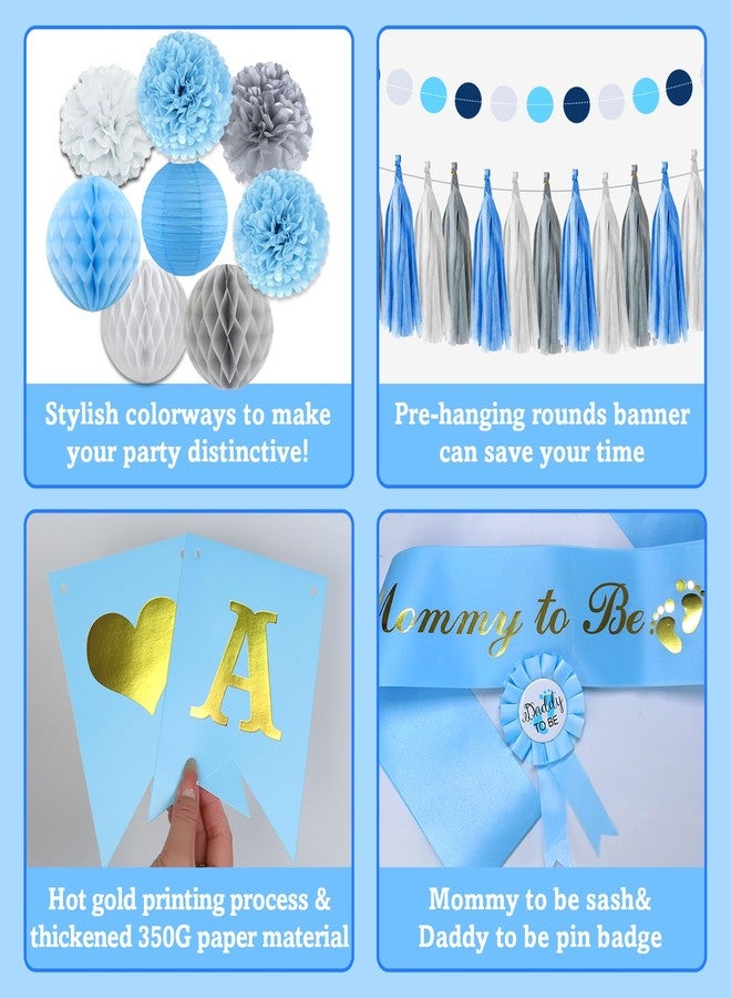 Bolake Blue Baby Shower Decorations for Boy Set with Its a Boy Banner Baby Boy Letter Foil Balloons Mom to Be Sash Dad to Be Pin Paper Pom Poms for Gender Reveal Decorations - Image 3